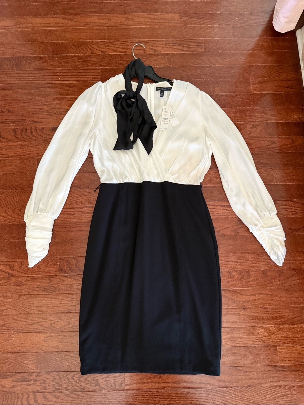 White House Black Market Black & White Long-Sleeve Tie-Neck Dress